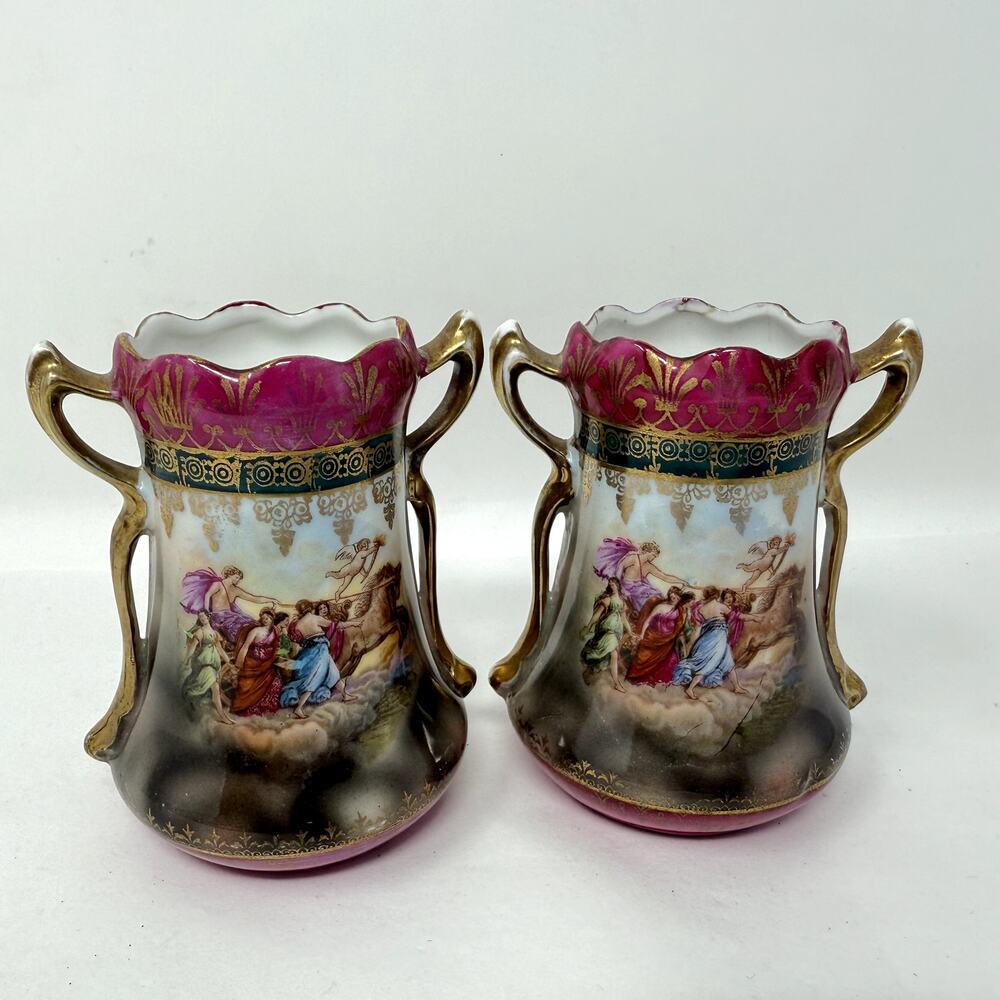 Lot 2 Antique Porcelain Decorative Cups Vases with Gold Trim Hand Painted Scene